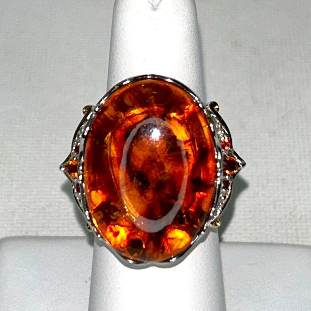 NWOT Baltic Amber, Citrine, Sterling Silver, 18K Plating Ring By Gems En Vogue